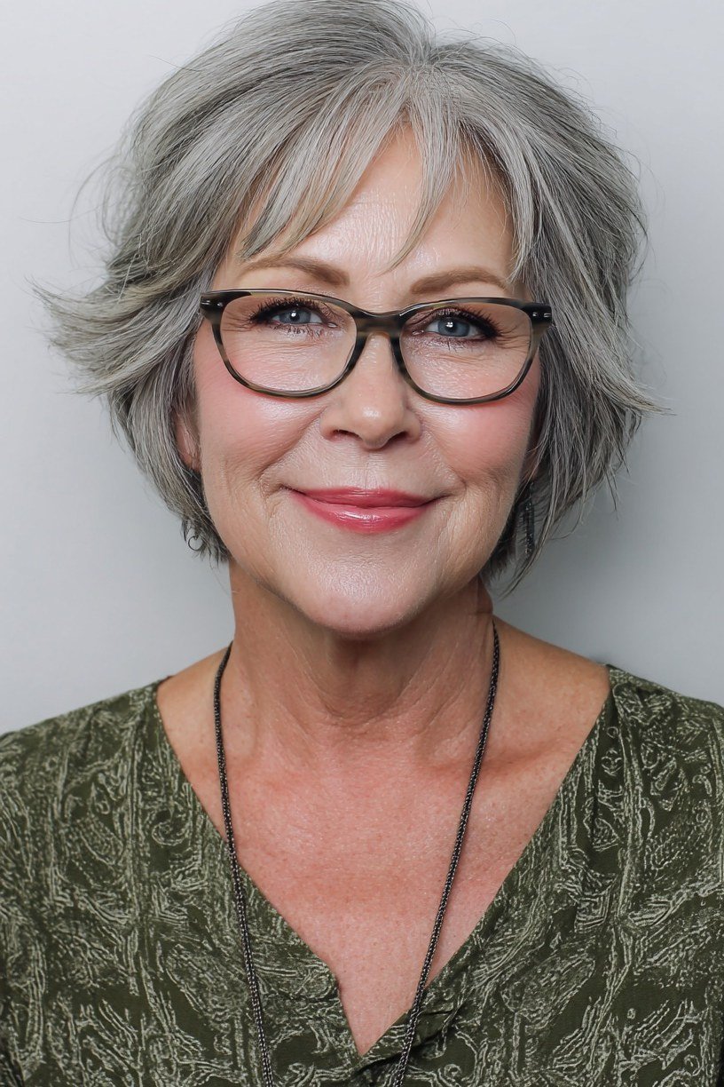 33. Gray Bob with Glasses-Friendly Layers - short haircut for women over 70 with thin hair
