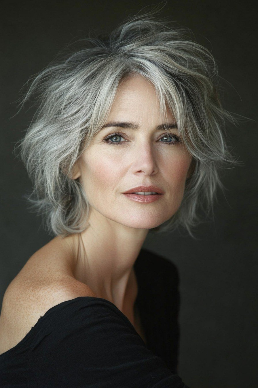 34. Gray Shag with Feathered Texture - short haircut for women over 70 with thin hair
