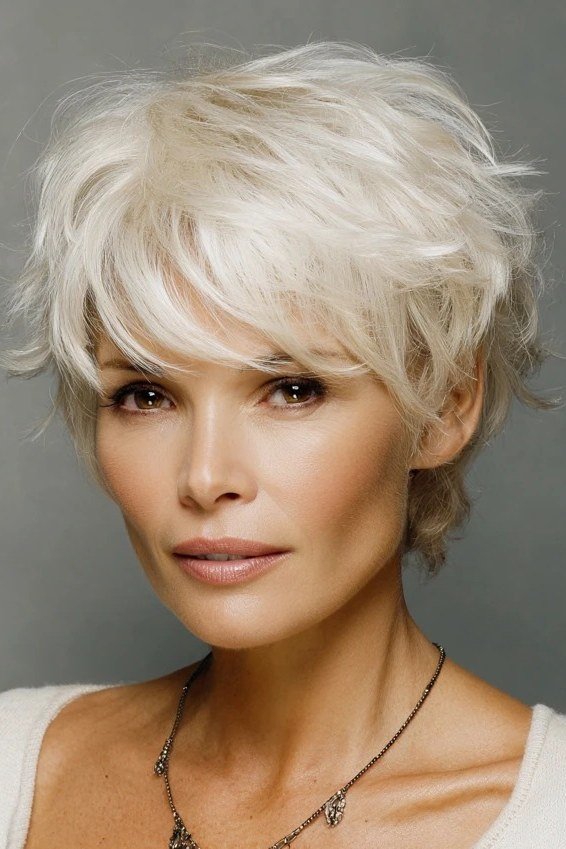 38. White Shaggy Pixie with Tousled Layers - short haircut for women over 70 with thin hair