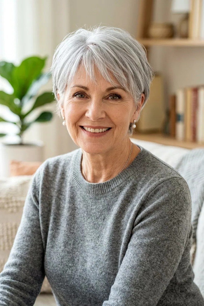 40. Silver Pixie with Feathered Fringe - short haircut for women over 70 with thin hair