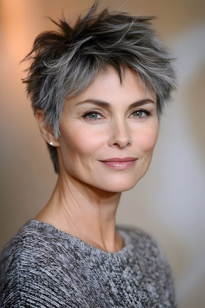 47. Salt-and-Pepper Spiky Pixie - short haircut for women over 70 with thin hair
