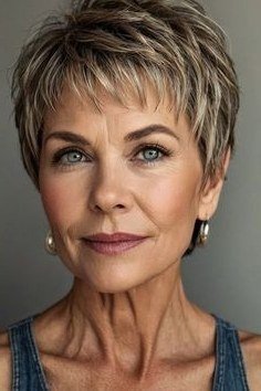 50. Brown-Gray Pixie with Rich Depth - short haircut for women over 70 with thin hair
