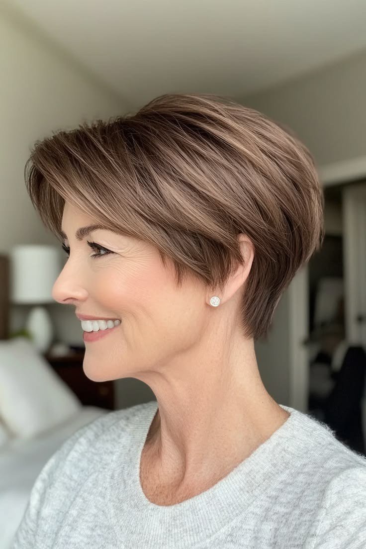 51. Brown Pixie-Bob with a Sleek Profile - short haircut for women over 70 with thin hair