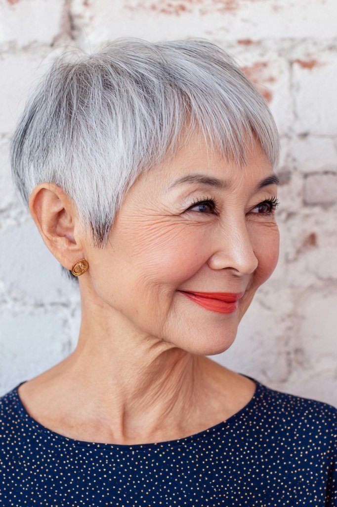 53. Silver Pixie with a Confident Gaze - short haircut for women over 70 with thin hair