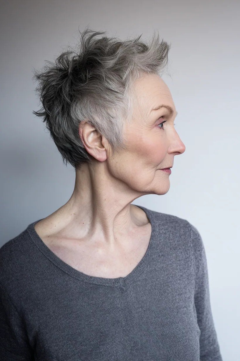 54. Salt-and-Pepper Pixie with Natural Ease - short haircut for women over 70 with thin hair