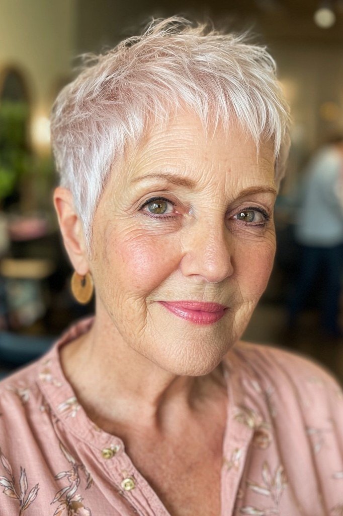55. Bright White Pixie with a Cheerful Finish - short haircut for women over 70 with thin hair