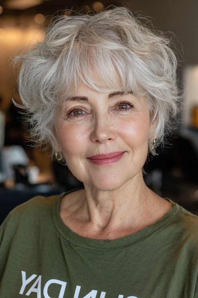 65. White Curly Pixie with Soft Volume - short haircut for women over 70 with thin hair