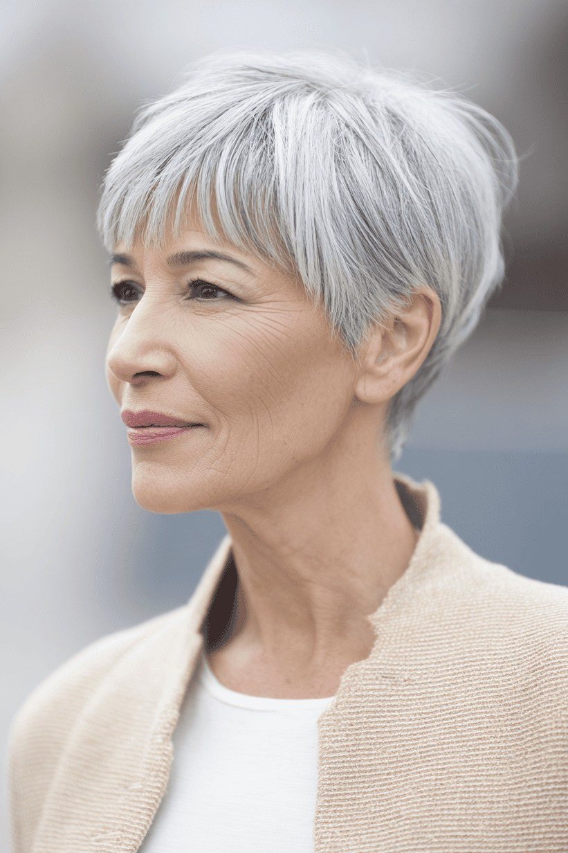 66. Silver Pixie with Mirror Shine - short haircut for women over 70 with thin hair