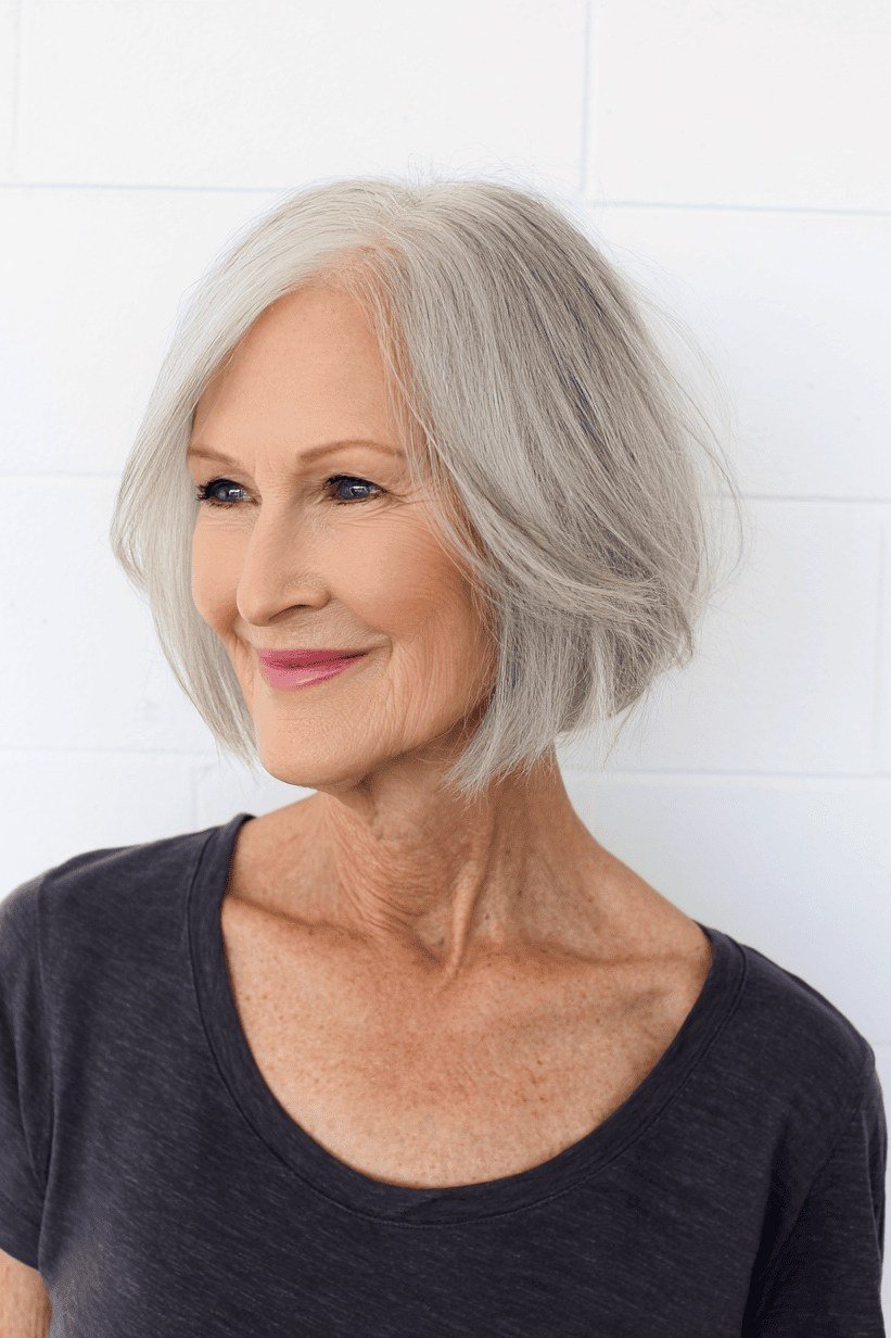 68. White Bob with a Pristine Finish - short haircut for women over 70 with thin hair
