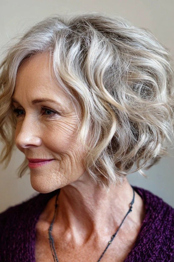 Tousled silver shaggy bob with piecey layers shown from the side