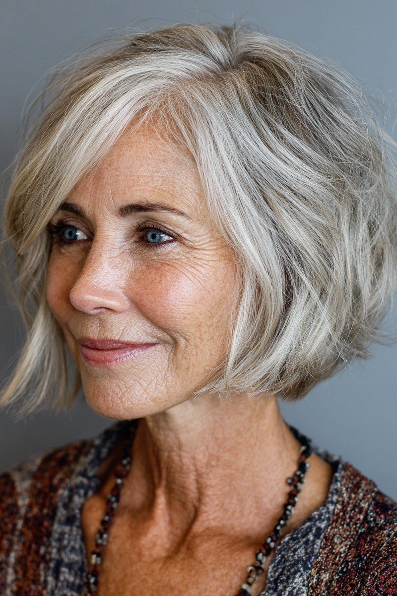 Wavy Silver Chin-Length Bob - shaggy bob hairstyle for fine hair, women over 60
