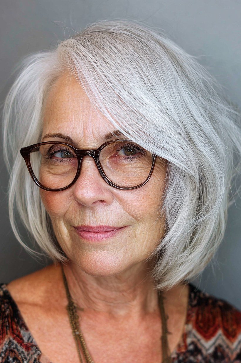 3. Rounded Silver Bob with Glasses - tousled shaggy bob hairstyle for women over 60