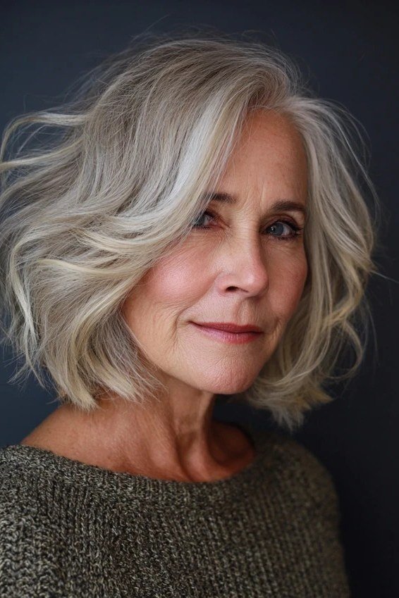 Tousled silver shaggy bob with wispy bangs on a woman over 60