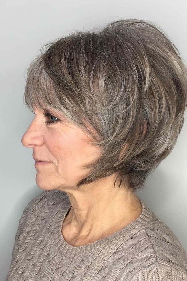 Ash-Gray Layered Shaggy Bob - shaggy bob hairstyle for fine hair, women over 60