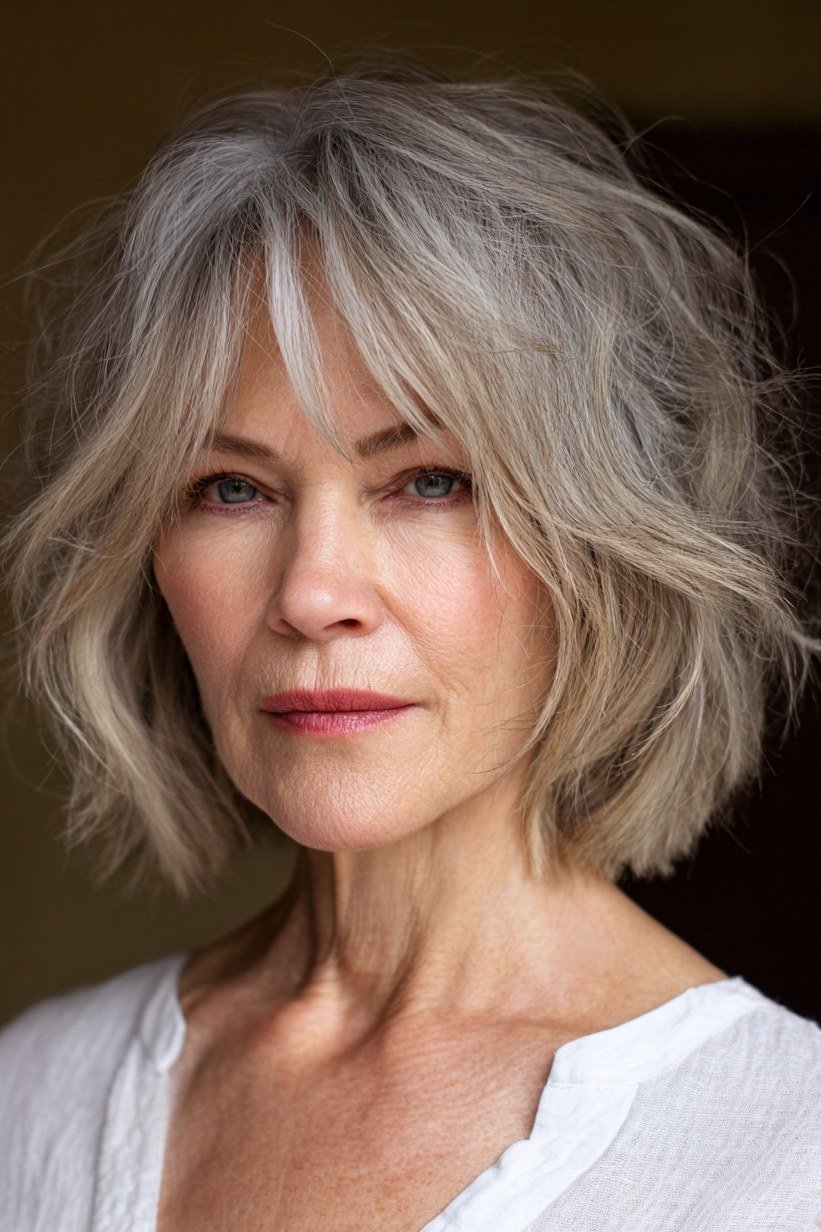 5. Classic Silver Tousled Shaggy Bob - tousled shaggy bob hairstyle for women over 60