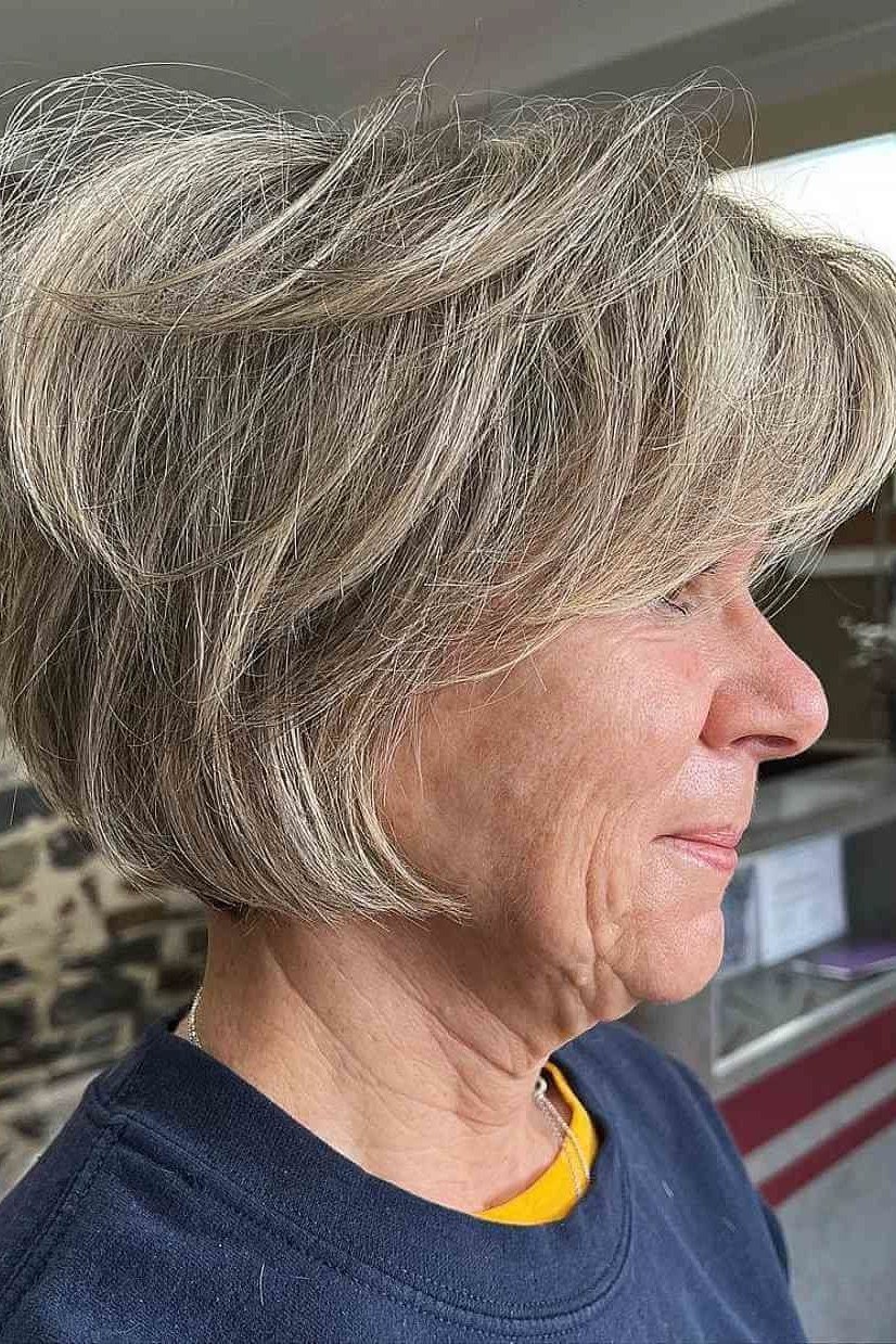 Tousled Gray Salon Shaggy Bob - shaggy bob hairstyle for fine hair, women over 60