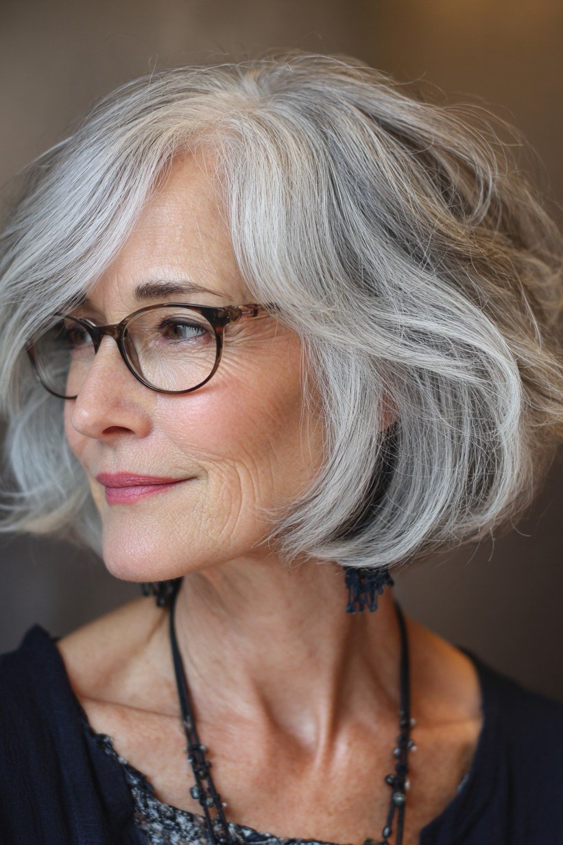 Voluminous Silver Shaggy Bob - shaggy bob hairstyle for fine hair, women over 60
