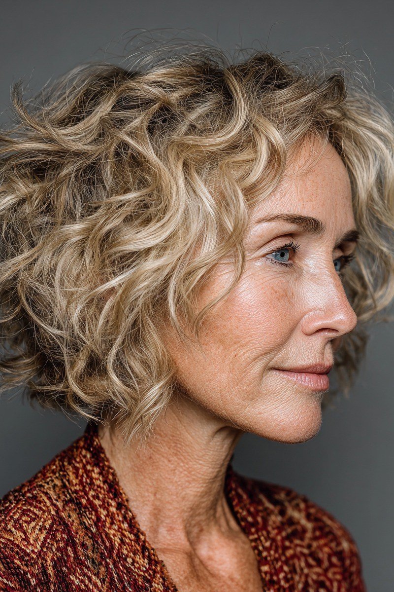 9. Blonde Curly Tousled Shag - tousled shaggy bob hairstyle for women over 60
