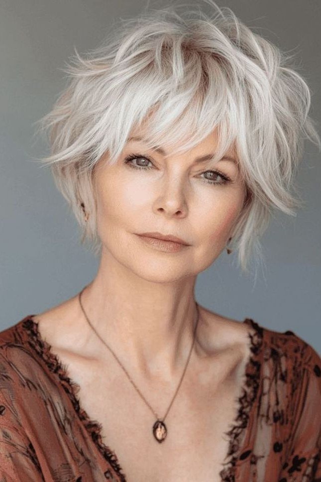 10. Short White Shaggy Bob with Fringe - tousled shaggy bob hairstyle for women over 60