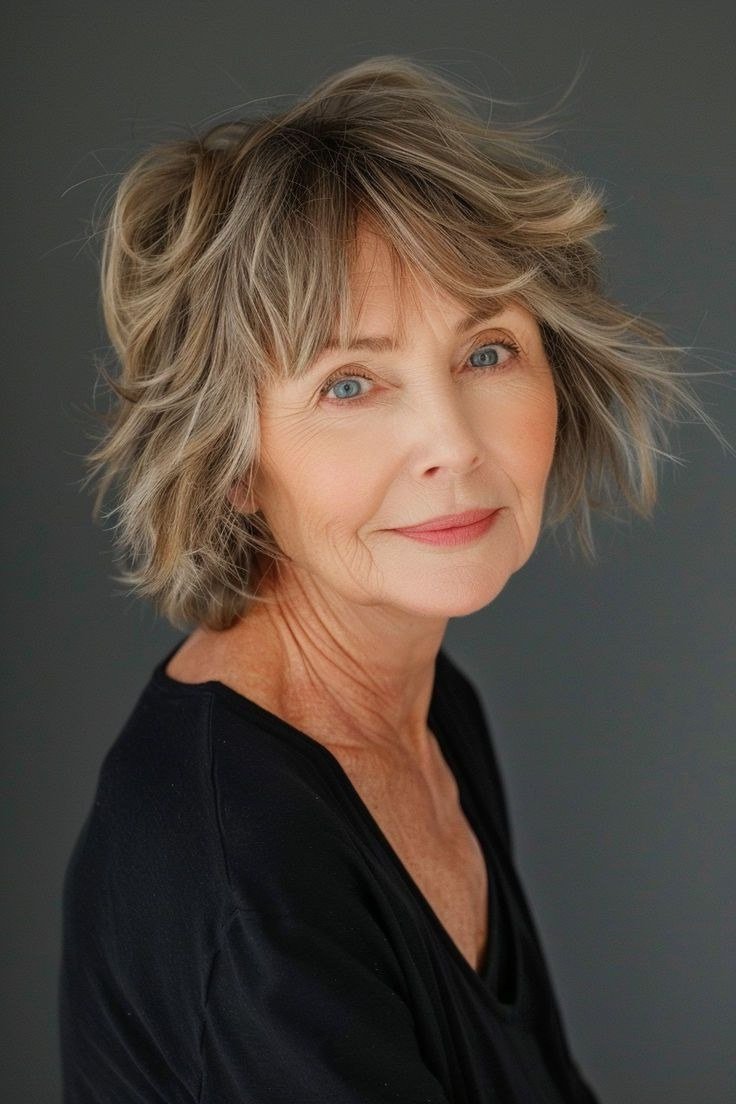 12. Silver Wavy Shaggy Bob - tousled shaggy bob hairstyle for women over 60