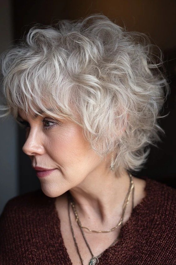 Short curly white shaggy bob with bangs on a woman over 60 in side view