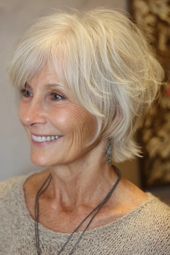 13. Platinum Fluffy Shaggy Bob - tousled shaggy bob hairstyle for women over 60