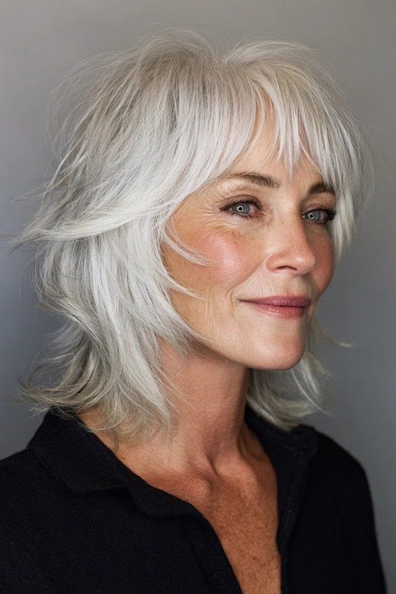 16. Silver Shaggy Bob with Face-Framing Bangs - tousled shaggy bob hairstyle for women over 60