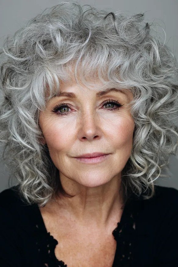Tight curly silver shaggy bob with bangs on a woman over 60 in front view