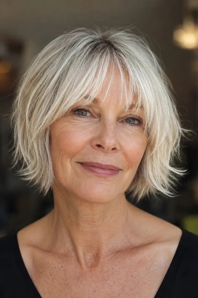 17. Silver Fluffy Shaggy Bob - tousled shaggy bob hairstyle for women over 60