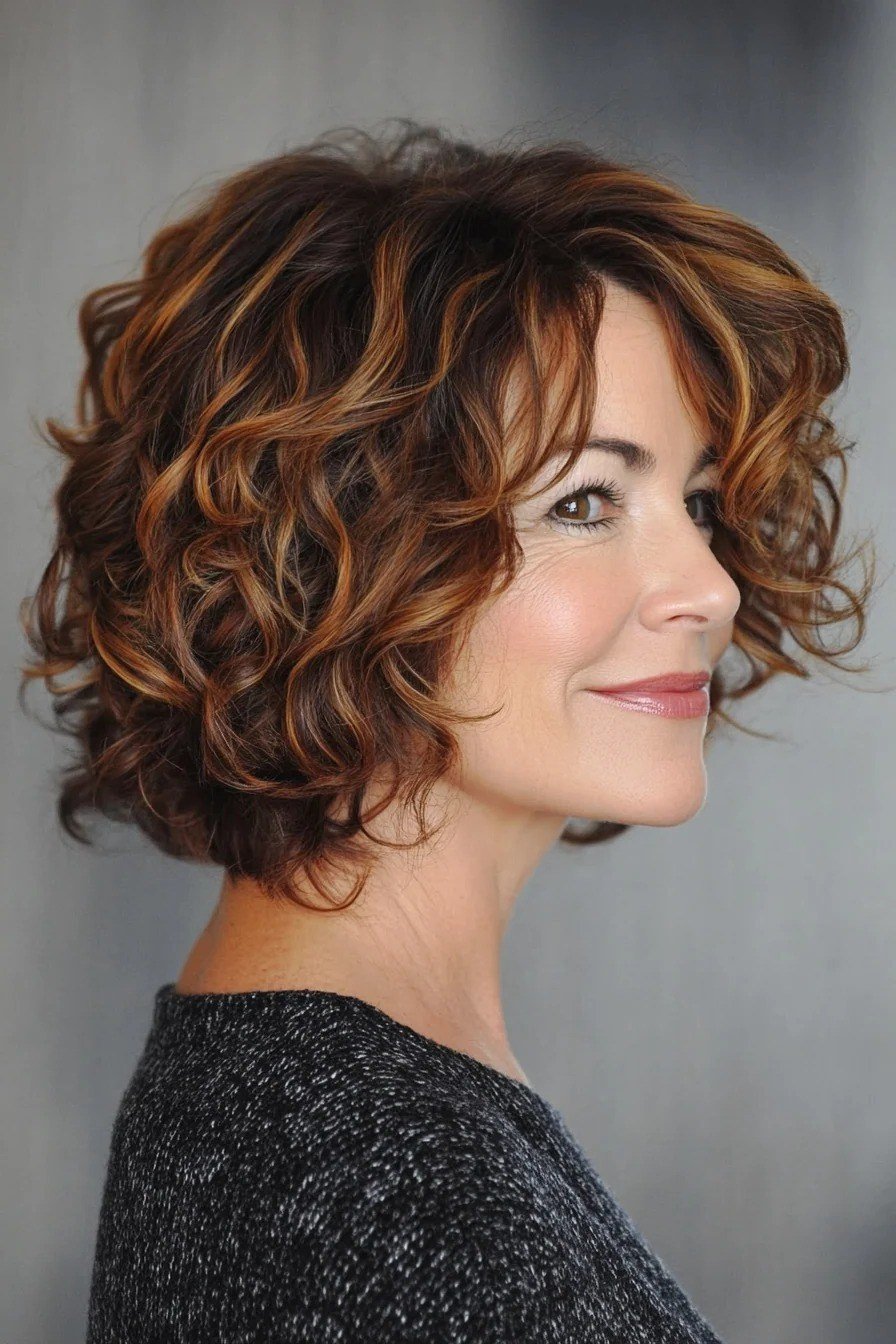 Curly auburn shaggy bob on a woman over 60 in side profile