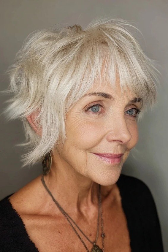 19. Blonde Fluffy Shaggy Bob - tousled shaggy bob hairstyle for women over 60
