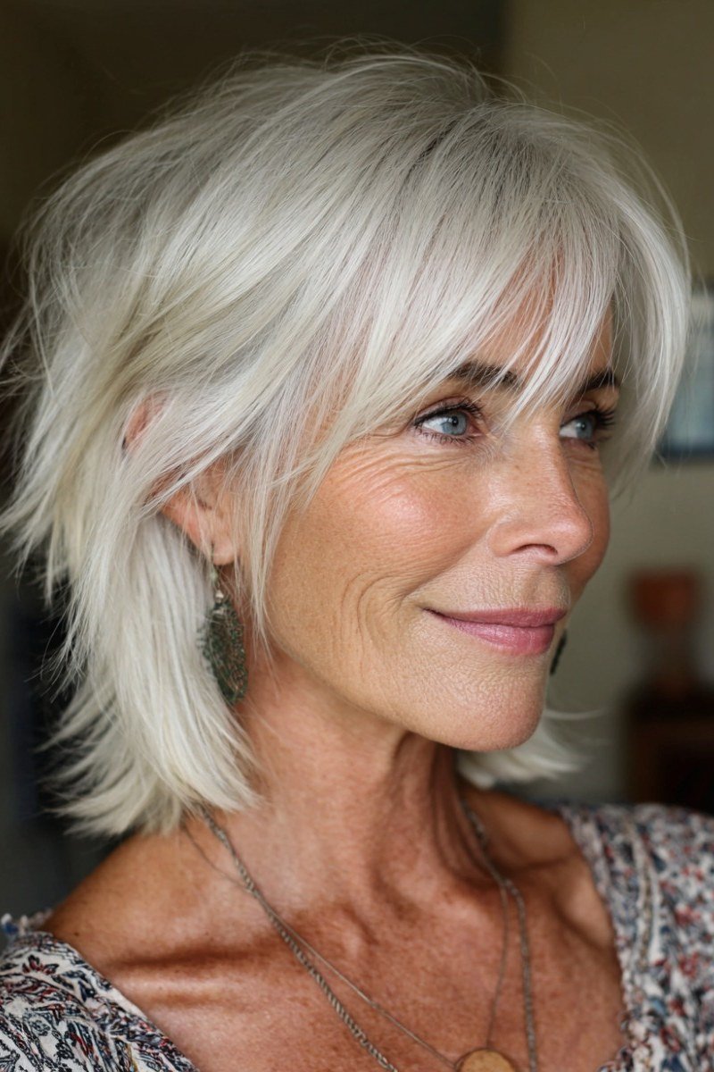 21. Silver Layered Shaggy Bob - tousled shaggy bob hairstyle for women over 60