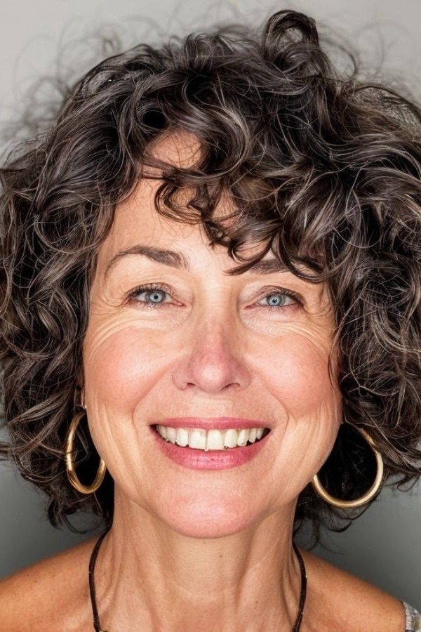 Dark curly shaggy bob on a smiling woman over 60 in front view