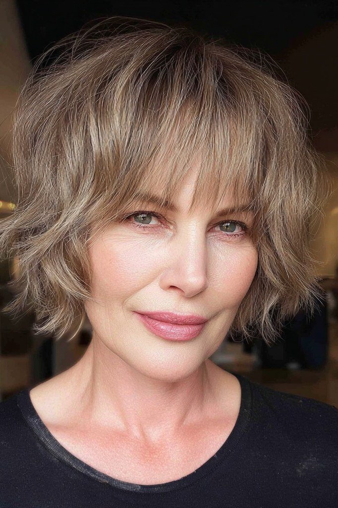 25. Taupe Tousled Shaggy Bob - tousled shaggy bob hairstyle for women over 60