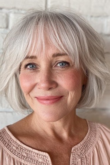 26. Silver Layered Bob with Bangs - tousled shaggy bob hairstyle for women over 60