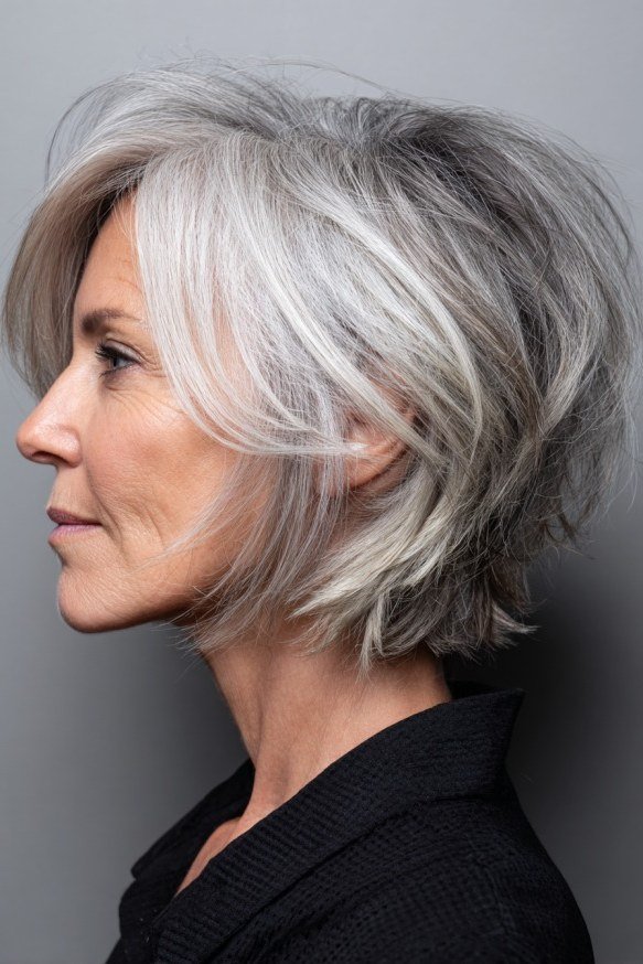 Layered silver shaggy bob on a woman over 60 in side profile