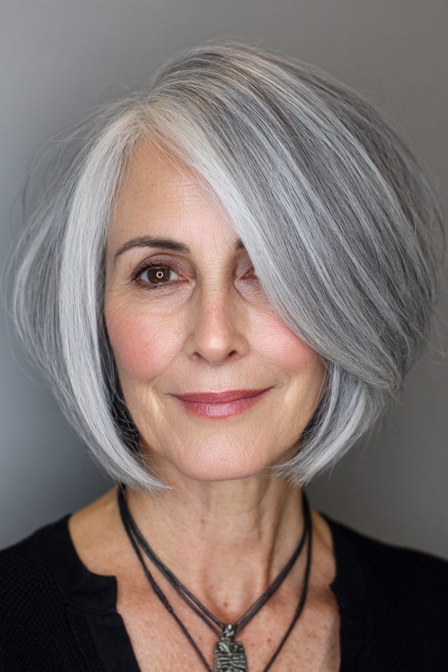 Silver layered shaggy bob with side sweep on a woman over 60 in front view