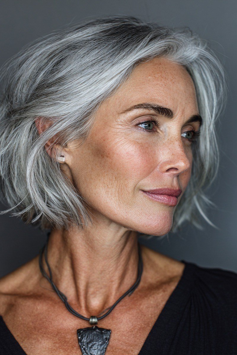 28. Silver Layered Tousled Bob - tousled shaggy bob hairstyle for women over 60