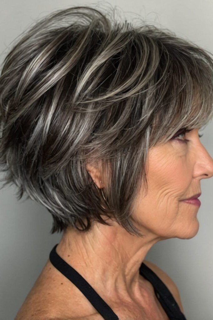 Dark salt-and-pepper shaggy bob with layers in side profile