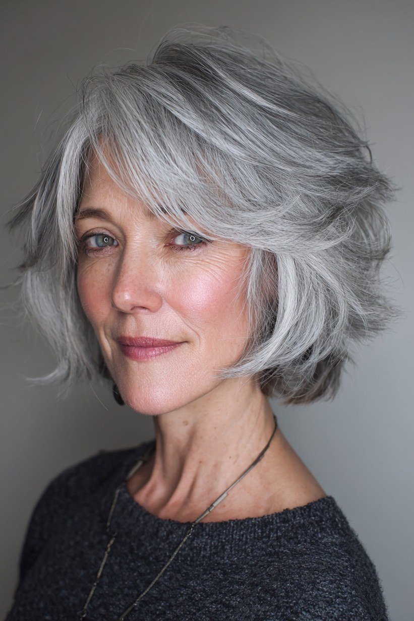 Silver shaggy bob with bangs on a woman over 60 in front view