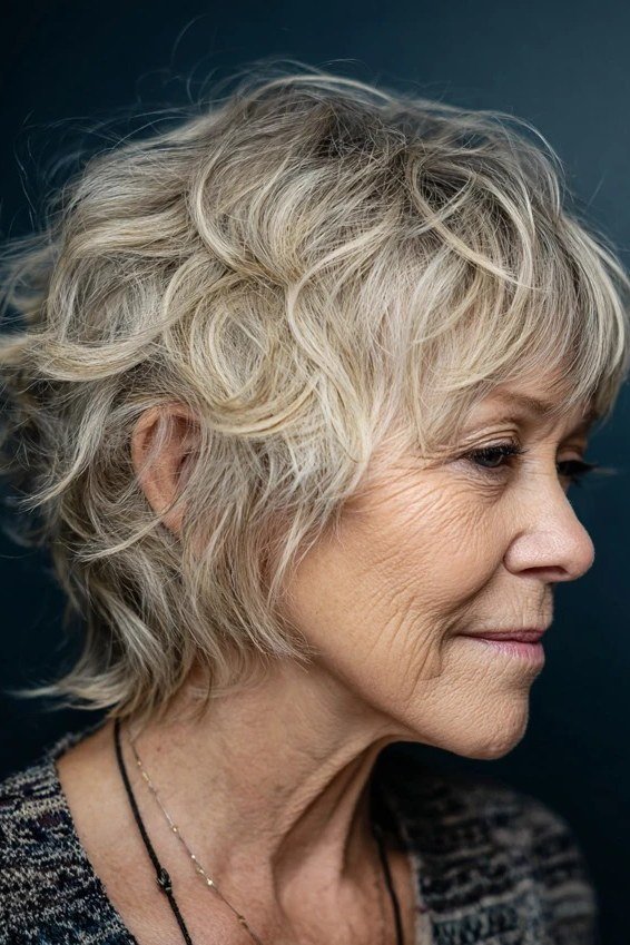 Curly Silver Shaggy Bob - shaggy bob hairstyle for fine hair, women over 60