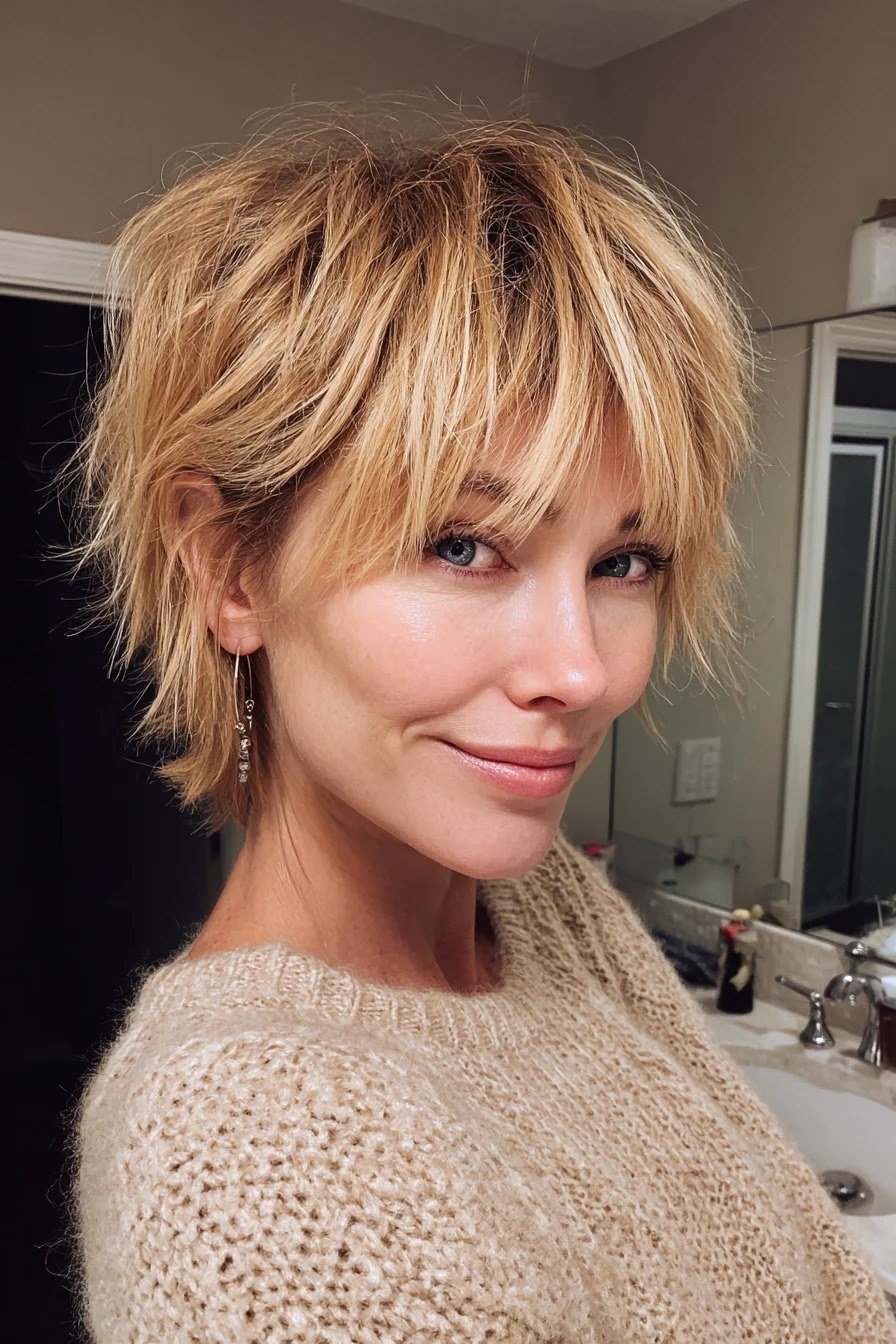 Blonde Messy Shaggy Bob With Bangs - shaggy bob hairstyle for fine hair, women over 60