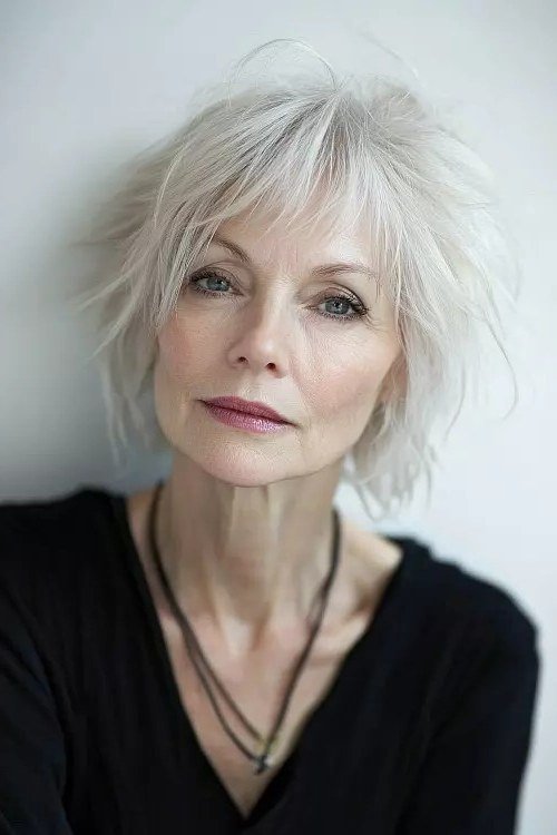 Silver Wispy Shaggy Bob - shaggy bob hairstyle for fine hair, women over 60
