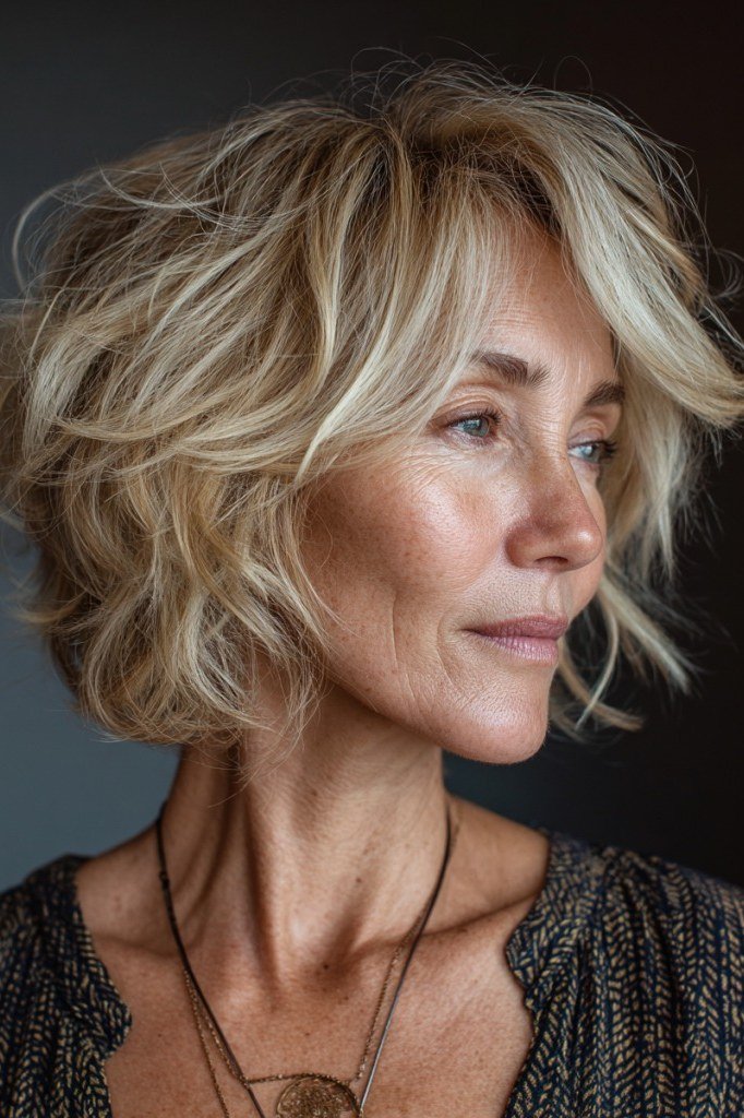 40. Blonde Wavy Shaggy Bob - tousled shaggy bob hairstyle for women over 60