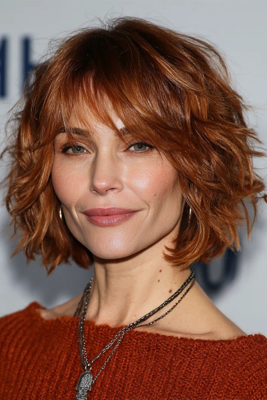 Copper-Red Curly Shaggy Bob - shaggy bob hairstyle for fine hair, women over 60