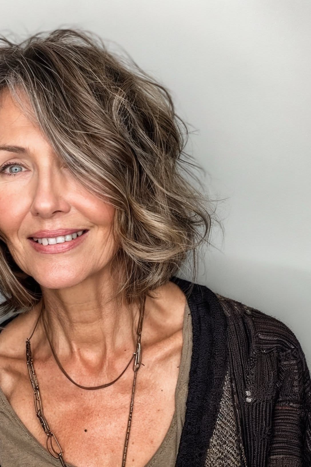 41. Brown Wavy Shaggy Bob - tousled shaggy bob hairstyle for women over 60