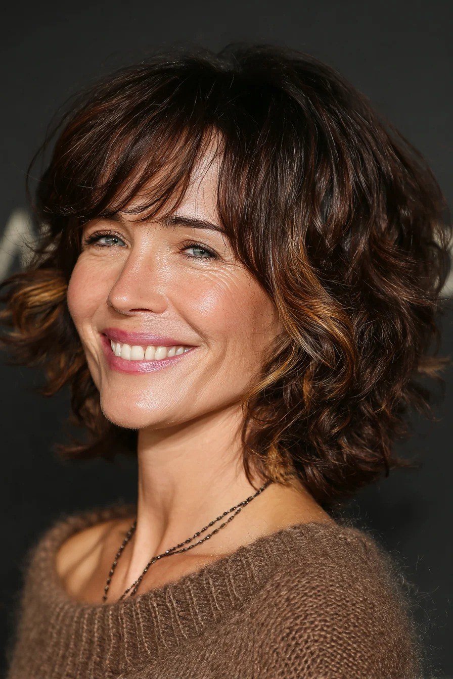 Dark Brown Curly Shaggy Bob With Bangs - shaggy bob hairstyle for fine hair, women over 60