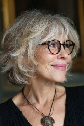 Silver Shaggy Bob With Glasses - shaggy bob hairstyle for fine hair, women over 60