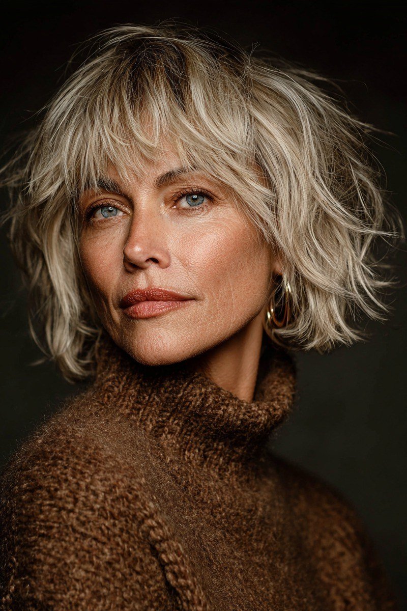 43. Blonde Messy Shaggy Bob - tousled shaggy bob hairstyle for women over 60
