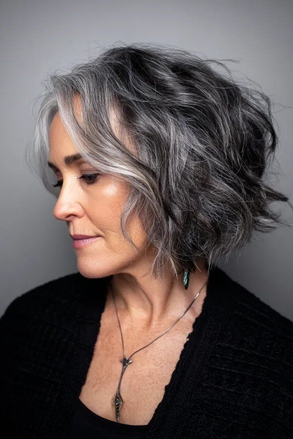 Dark-Gray Wavy Shaggy Bob - shaggy bob hairstyle for fine hair, women over 60
